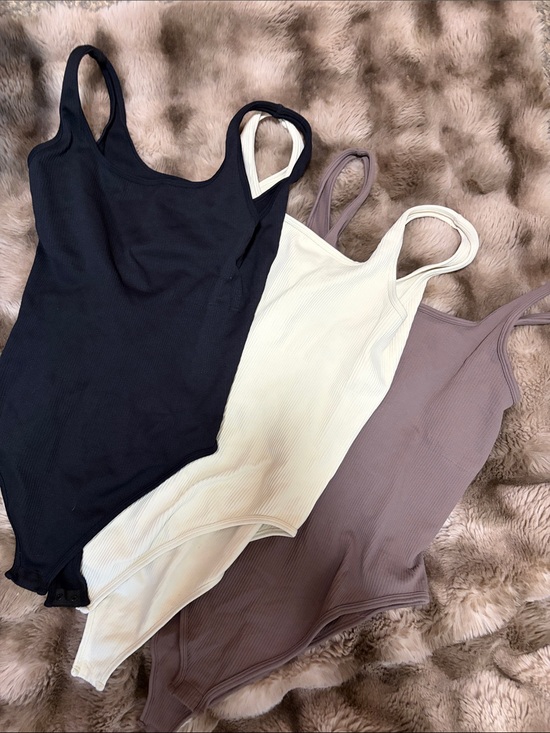 Tops - Ribbed Tank Bodysuits - Black, Cream & Taupe